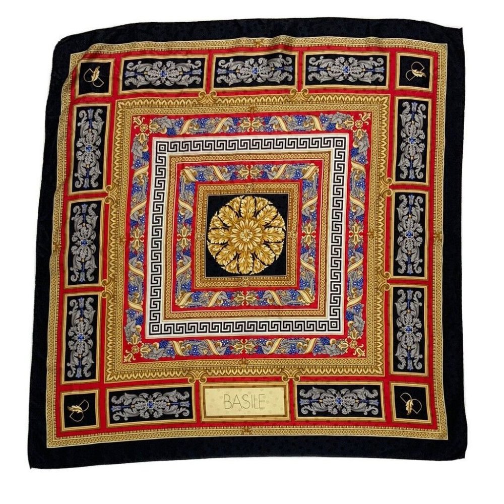 BASILE Red Geometric Floral Silk Scarf 34”/ 33” EC